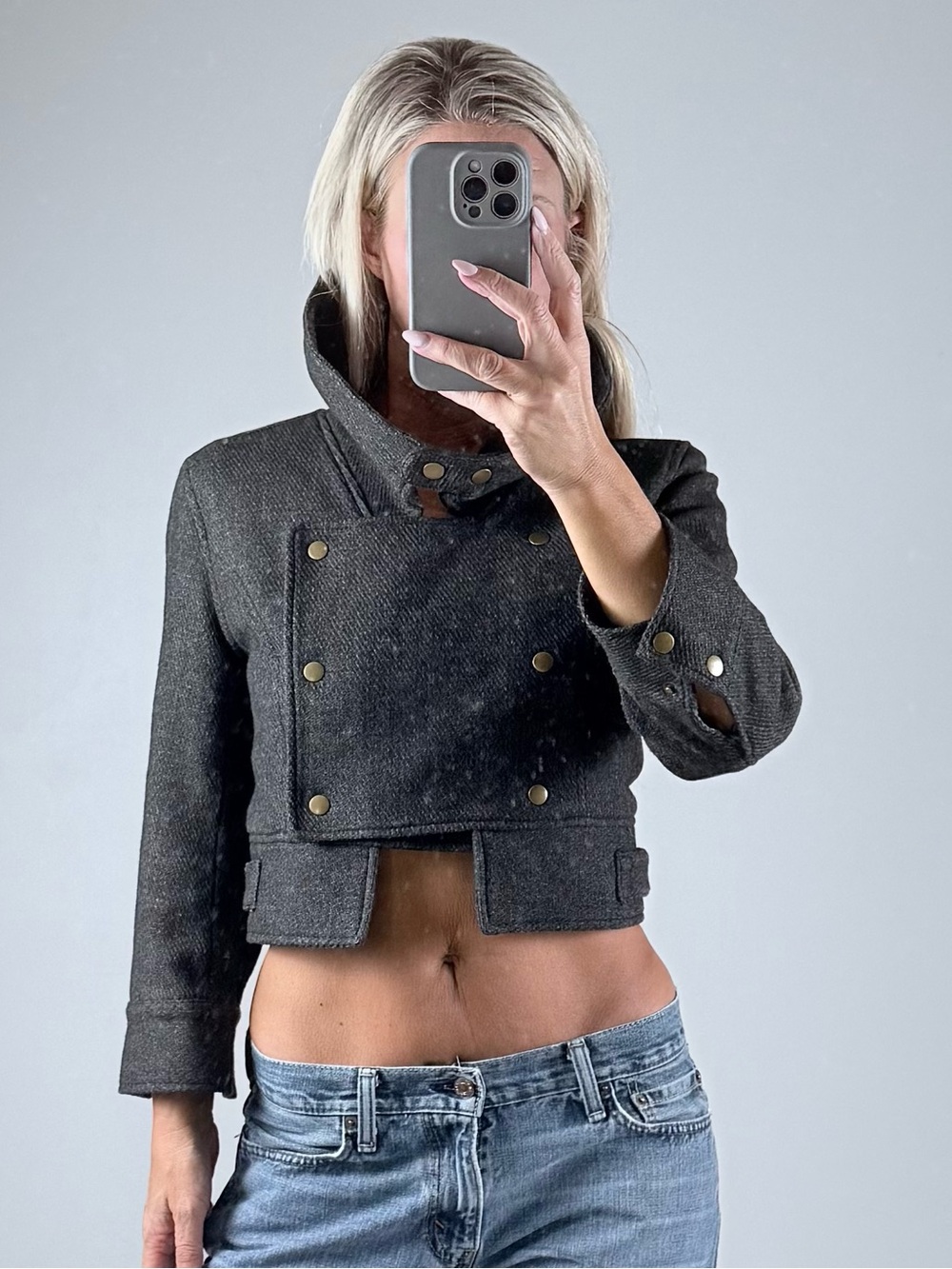 Vintage Y2K Lux Cropped gray woolDouble-Breasted 3/4 sleeve Women's Jacket